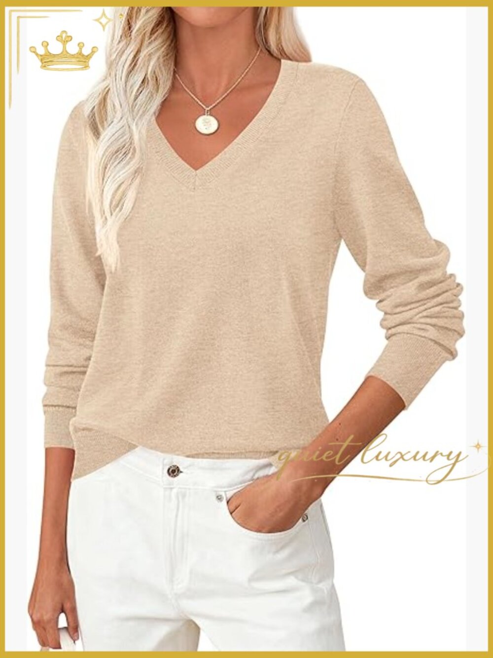 V Neck Sweater Long Sleeve Pullover Cozy Knit Tops Loose Fit Winter